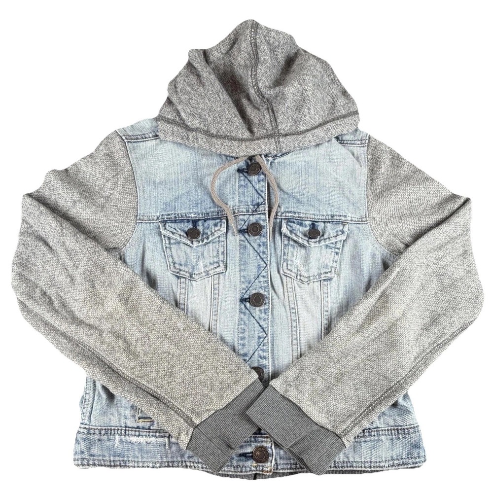 American Eagle Outfitters Jacket Womens Medium Blue Denim Hooded Knit Sleeves
